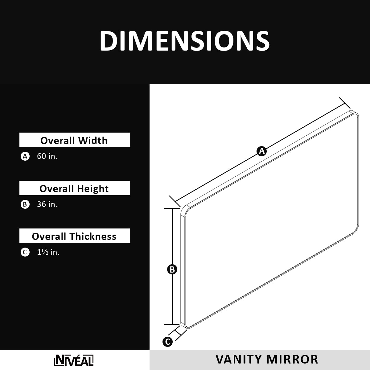 60 in. W x 36 in. H Rectangular Framed Wall Bathroom Vanity Mirror in