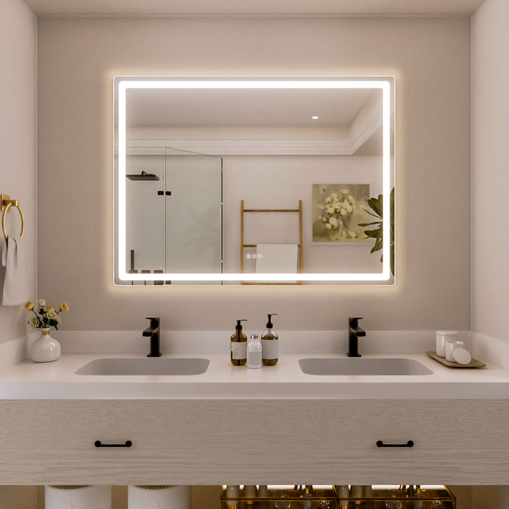 Rina 48 in. W x 36 in. H Rectangular Frameless LED Wall Bathroom Vanity Mirror with Sleek Silver Finish
