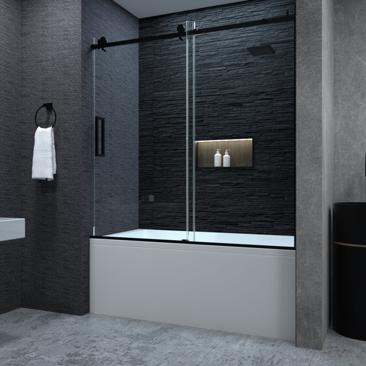 Essen 60 in. W x 60 in. H Sliding Semi-Frameless Tub Door in Matte Black Finish