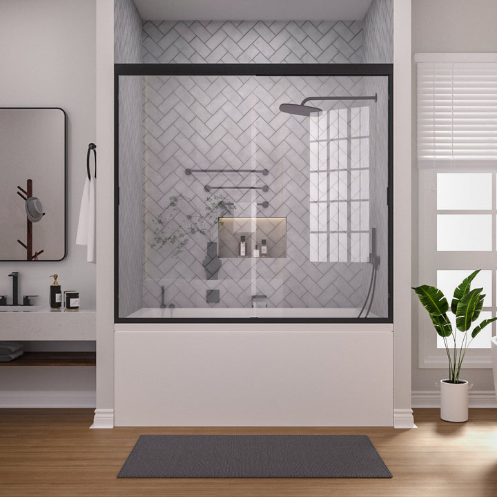 Apex 60 in. W x 56 in. H Sliding Semi-Frameless Tub Door in Matte Black Finish with Clear Glass