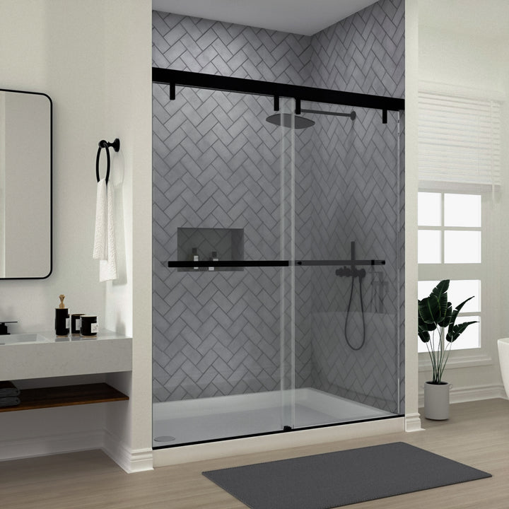 Koln 60 in. W x 72 in. H Sliding Semi-Frameless Shower Door in Matte Black Finish with Clear Glass