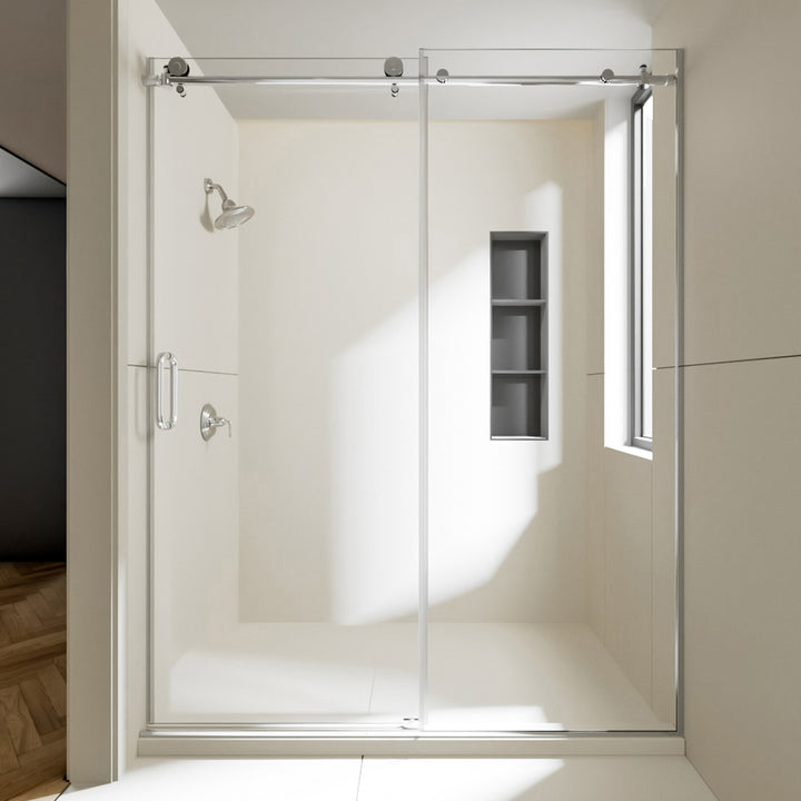 Cryptic 60 in. W x 76 in. H Sliding Semi-Frameless Shower Door in Silver Finish with Clear Glass