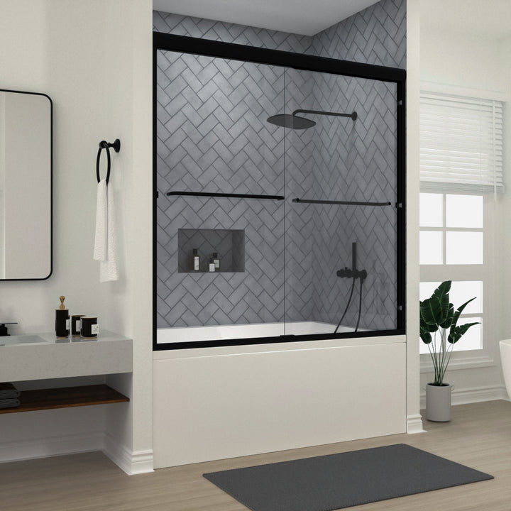 Bliss 60 in. W x 56 in. H Sliding Semi Frameless Tub Door in Matte Black Finish with Clear Glass