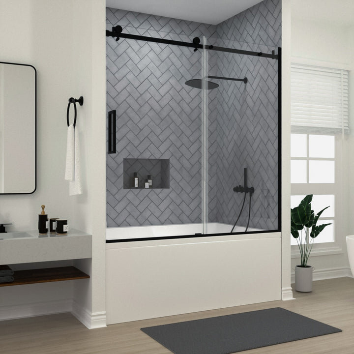 Vista 60 in. W x 60 in. H Sliding Semi-Frameless Tub Door in Matte Black Finish with Clear Glass