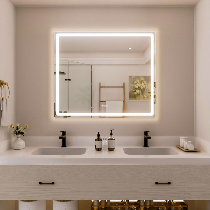 Rina 42 in. W x 36 in. H Rectangular Frameless LED Wall Bathroom Vanity Mirror with Sleek Silver Finish