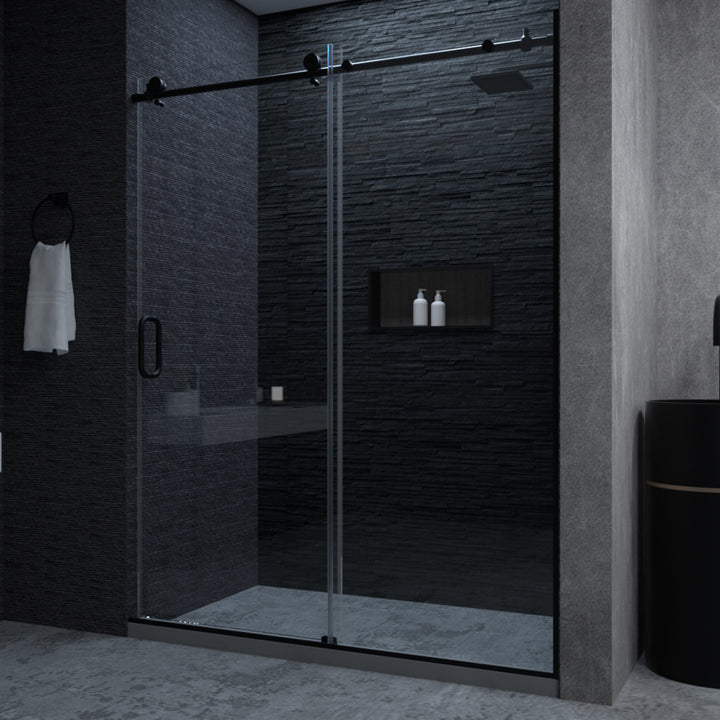 Ruhr 60 in. W x 76 in. H Sliding Semi-Frameless Shower Door in Matte Black Finish with Clear Glass