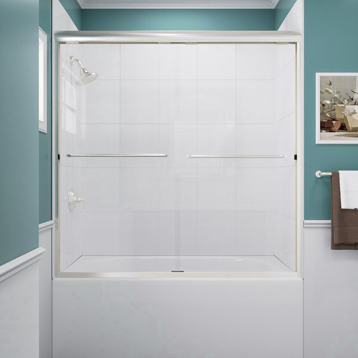 Ridge 56 in. W x 60 in. H Sliding Semi-Frameless Tub Door in Brushed Nickel Finish with Clear Glass
