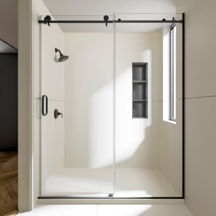 Cryptic 60 in. W x 76 in. H Sliding Semi-Frameless Shower Door in Matte Black Finish with Clear Glass