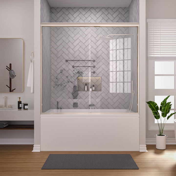 Apex 60 in. W x 56 in. H Sliding Semi-Frameless Tub Door in Brushed Nickel Finish with Clear Glass