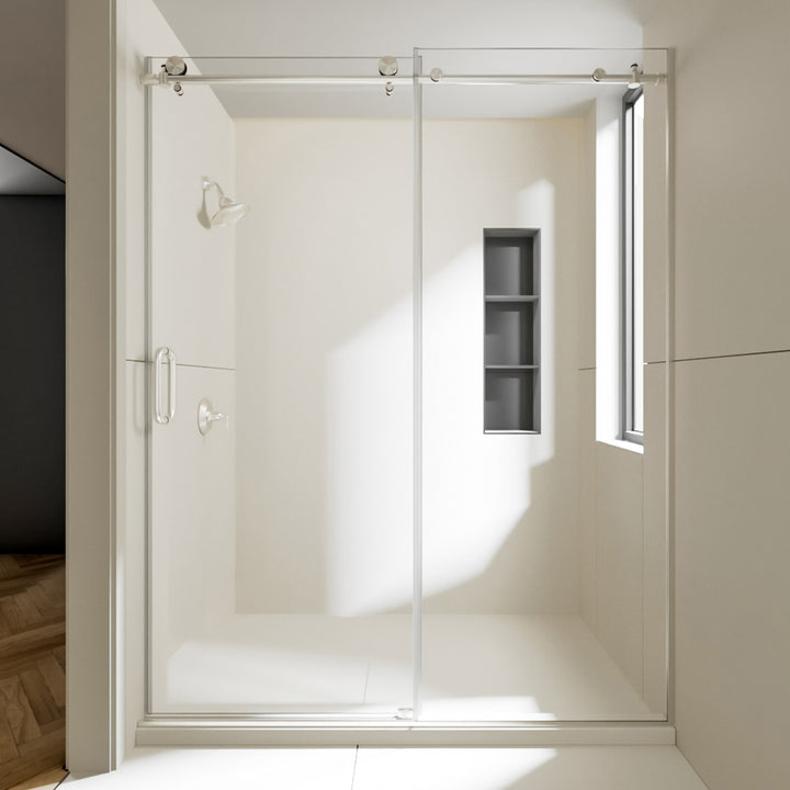 Cryptic 60 in. W x 76 in. H Sliding Semi-Frameless Shower Door in Brushed Nickel Finish with Clear Glass