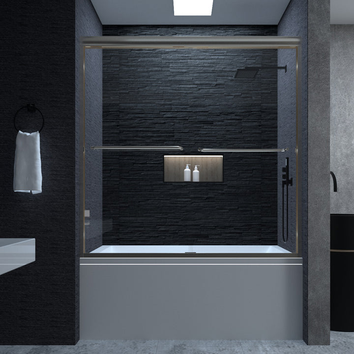 Victory 56 in. H x 60 in. W Sliding Semi-Frameless Tub Door in Brushed Nickel Finish with Clear Glass