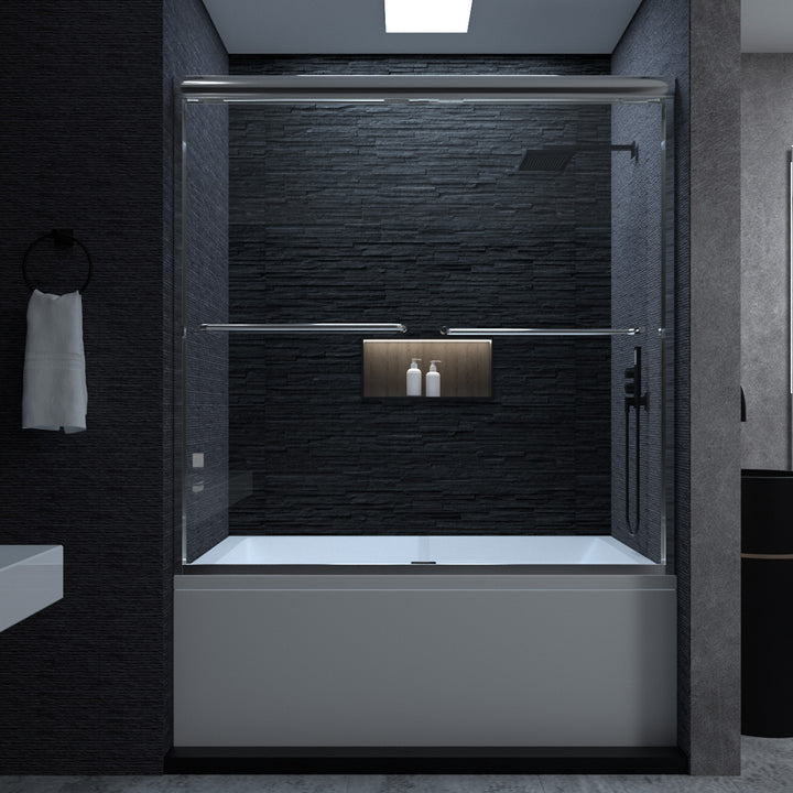 Victory 56 in. W x 60 in. H Sliding Semi-Frameless Tub Door in Silver Finish with Clear Glass