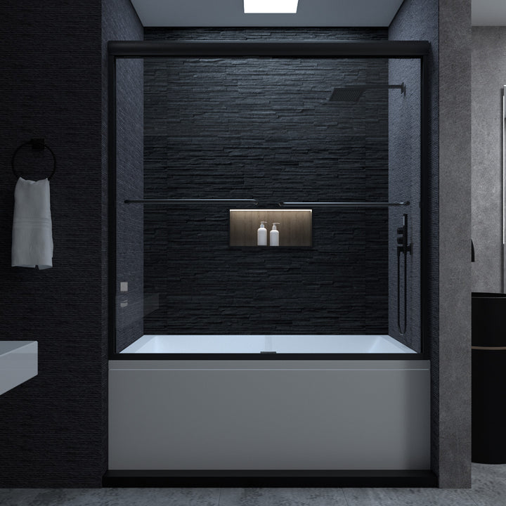 Victory 56 in. H x 60 in. W Sliding Semi-Frameless Tub Door in Matte Black Finish with Clear Glass