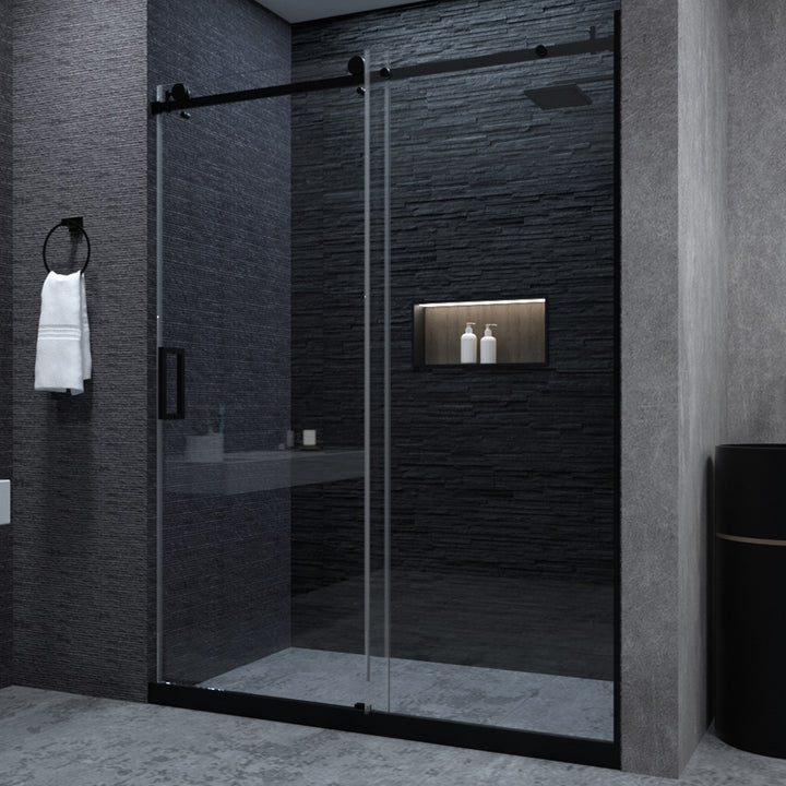 Essen 60 in. W x 76 in. H Sliding Semi-Frameless Shower Door in Matte Black Finish with Clear Glass