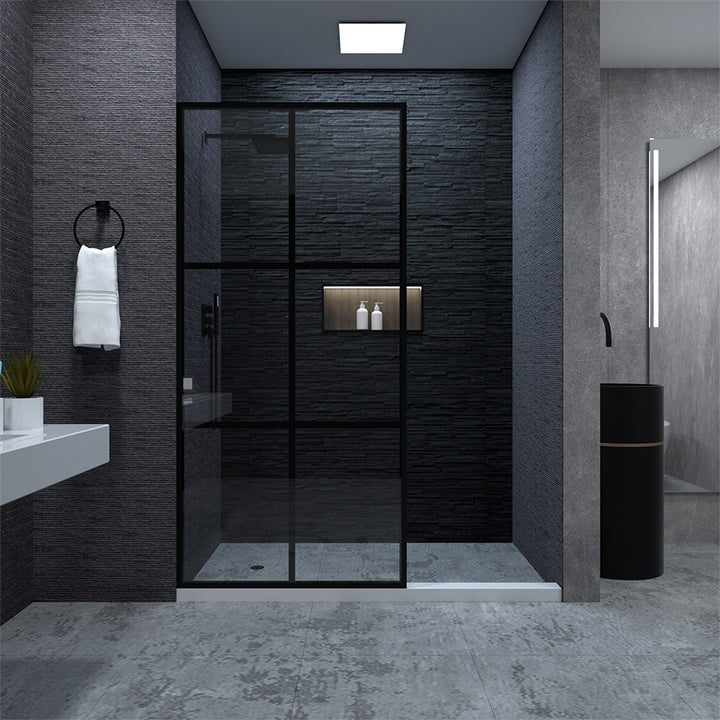 Citron 34 in. W x 72 in. H Fixed Framed Shower Door in Matte Black Finish with Patterned Glass